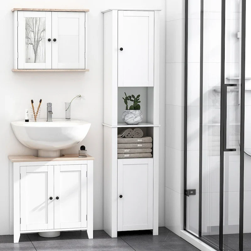 White Tall Freestanding Bathroom Linen Tower with 2-Tier Shelf and 2 Cupboards