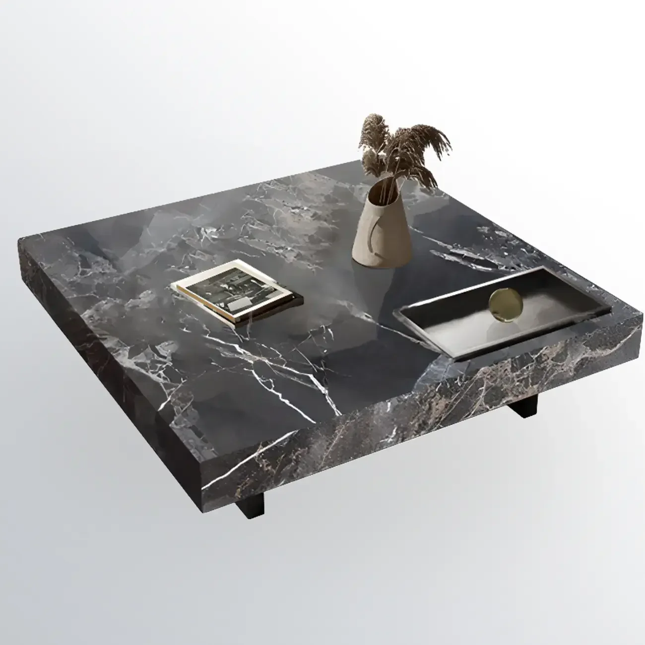 Modern Low Stone Square Coffee Table with Double Pedestal