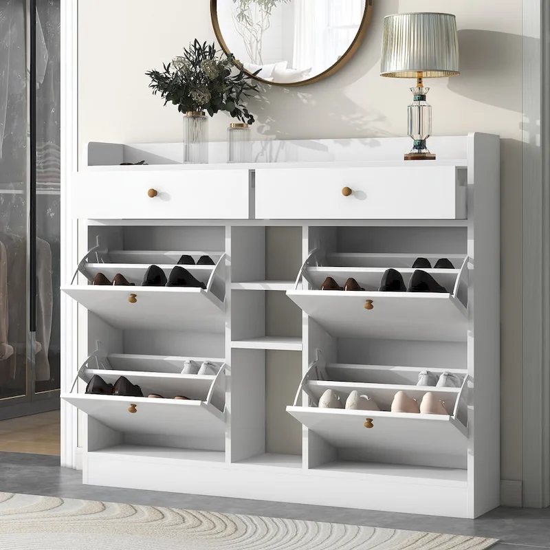 White Flip-Down Shoe Cabinet - 19 Pairs Storage