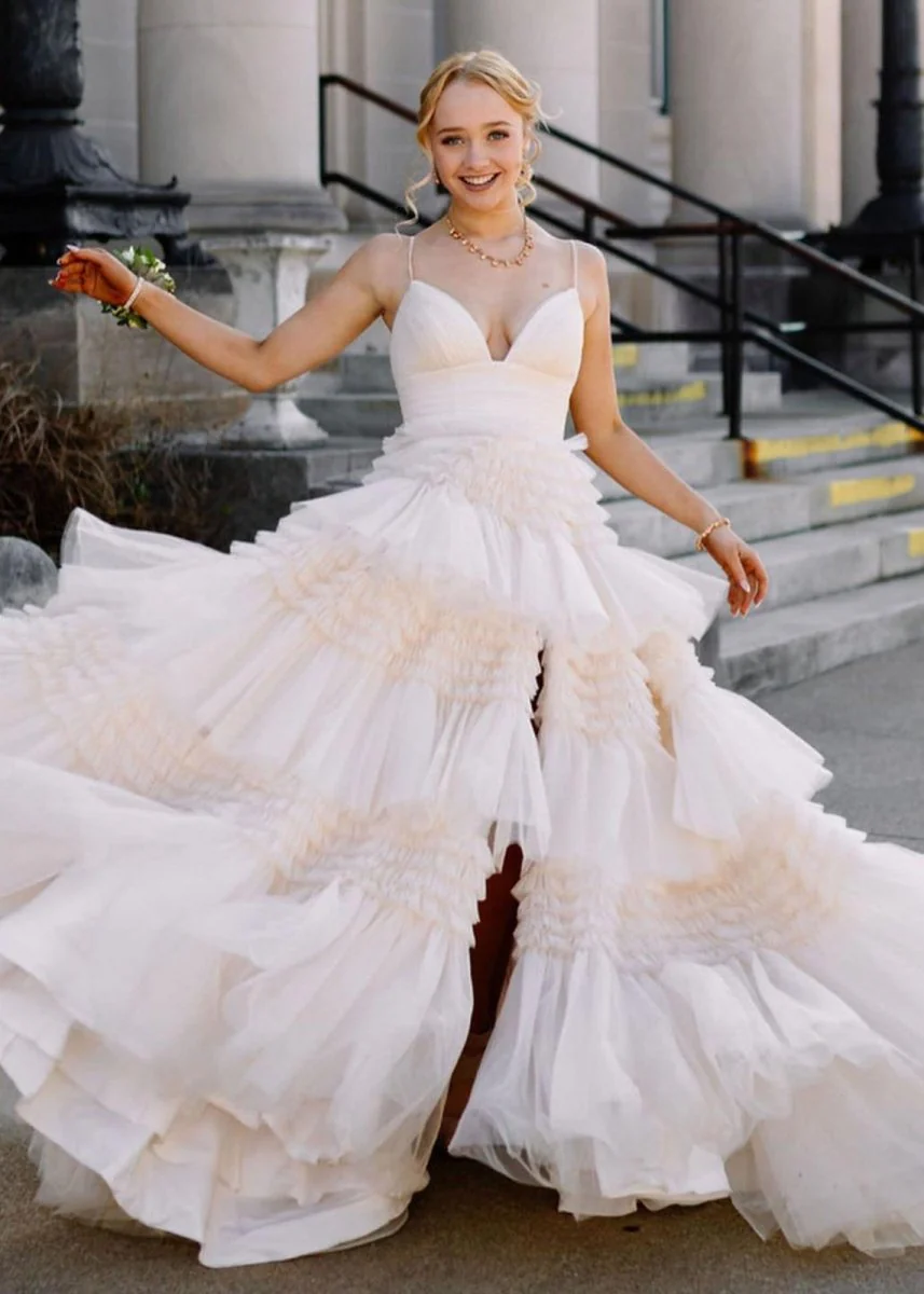 A-Line Spaghetti Straps Long Tiered Tulle Prom Dress With Split