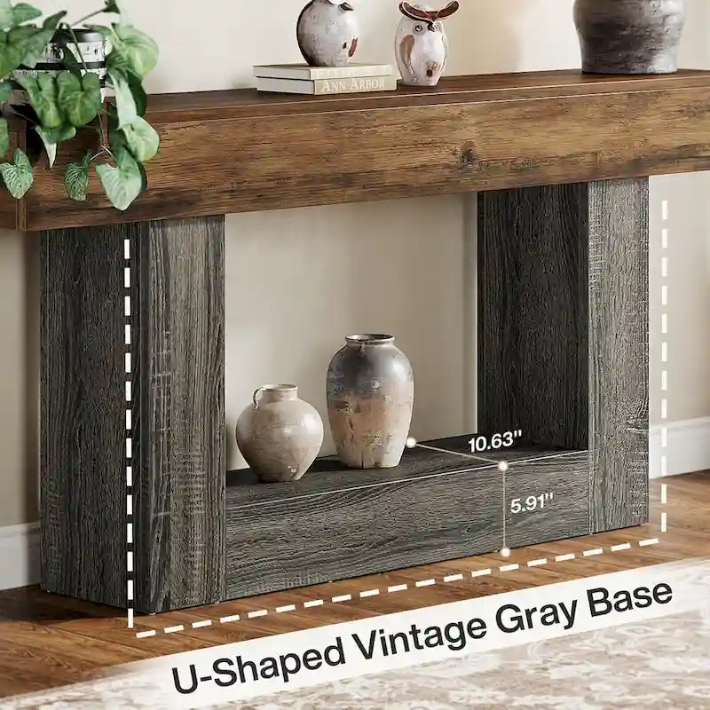 Farmhouse 2 Tiers Entryway Table, 63 Inches Console Table, Narrow Sofa Table