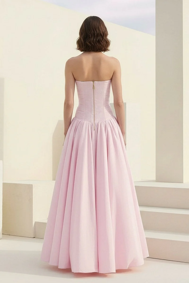 Pink - Strapless A Line Satin Pleated Prom Dresses With Slit