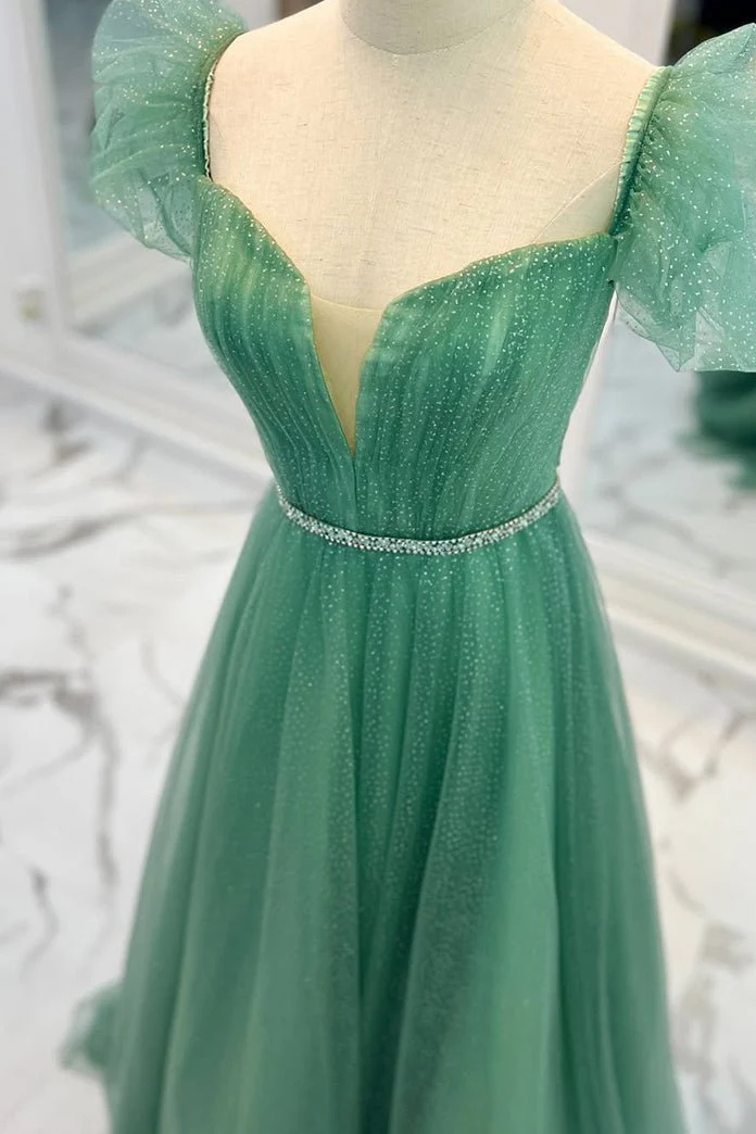 Sea Glass Tulle A-line V Neckline Off-Shoulder Long Prom Dress