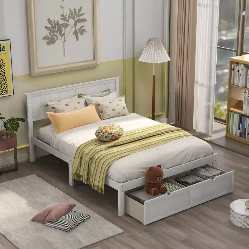 Bellemave Full Size Platform Bed with Storage Drawers, White C Pine & MDF Frame, Under-Bed Storage, Extra Support Legs, Easy Assembly
