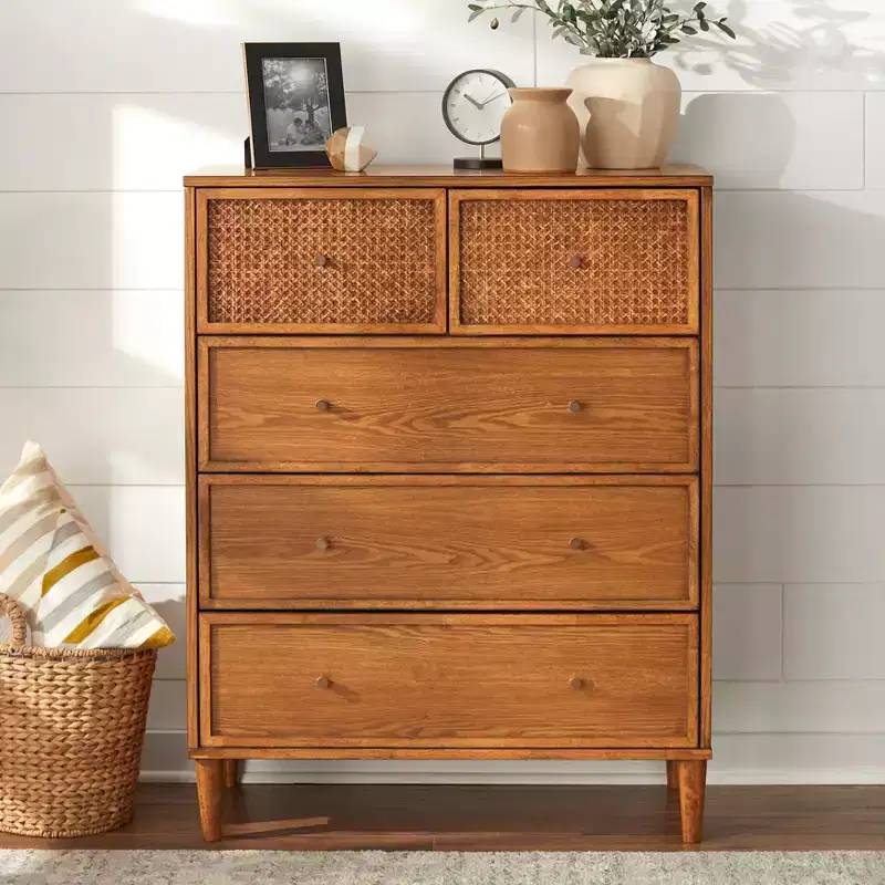 Lifestorey Maxwell 5 Drawer Mid-Century Modern Chest with Natural Cane/Blonde Oak
