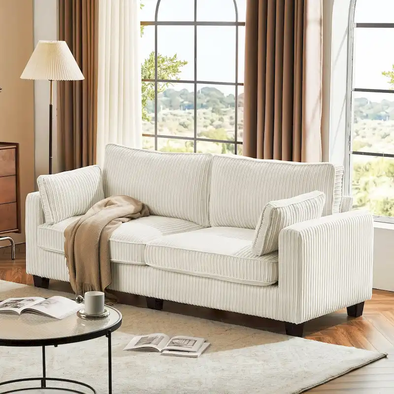 LUE BONA 81  Modern Corduroy 3 Seater Sofa, Polyester Rectangle Upholstered Sofa with Wood Base for Living Room