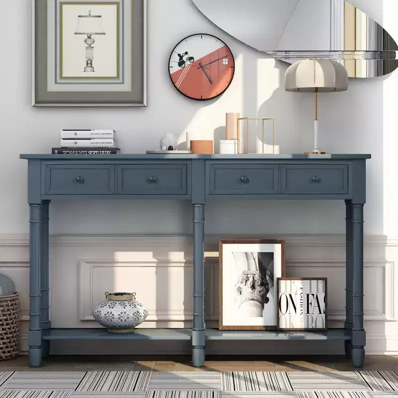 Vintage Narrow Console Table with Storage, Wood Entryway Table with 4 Drawers and Open Shelf, Retro Sofa Table for Living Room and Hallway