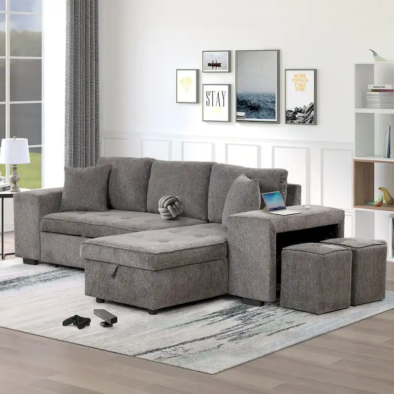 104  Modern L-Shape 3 Seat Reversible Sectional Couch, Pull Out Sleeper Sofa with Storage Chaise and 2 Stools
