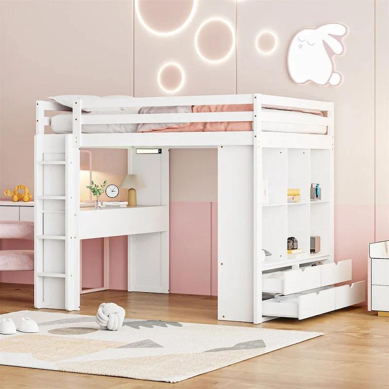 White / Grey Pine Wood Loft Bed with Writing Desk, 6 Drawers, Large Shelf and LED Light – Twin / Full – 1-Person