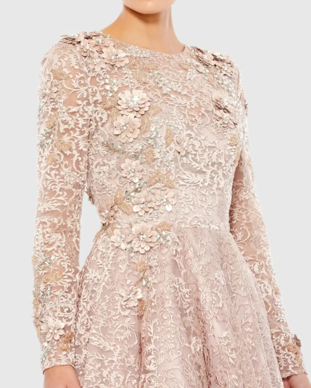 Pink Embellished Illusion Long Sleeve A Line Gown