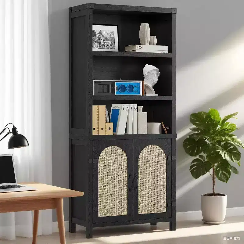 70'' Tall Black Double Wide Bookshelf and Bookcase with Doors, 5-Tier Open Display Shelves and Storage Cabinets for Living Room, Home Office
