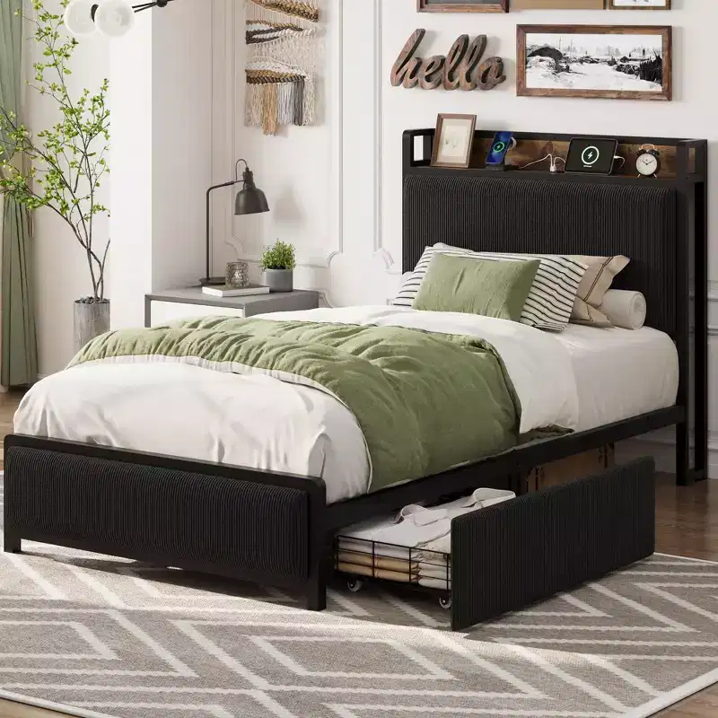 Twin XL Platform Bed Frame with 2 Storage Drawers & Charging Headboard - Rustic Linen Upholstery, 800lb Heavy Duty Support, USB-C/USB Ports Include
