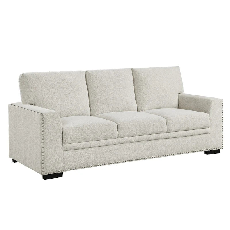 84 Inch Sofa with Beige Chenille, Nailhead Trim & Foam Cushions, Solid Wood Frame