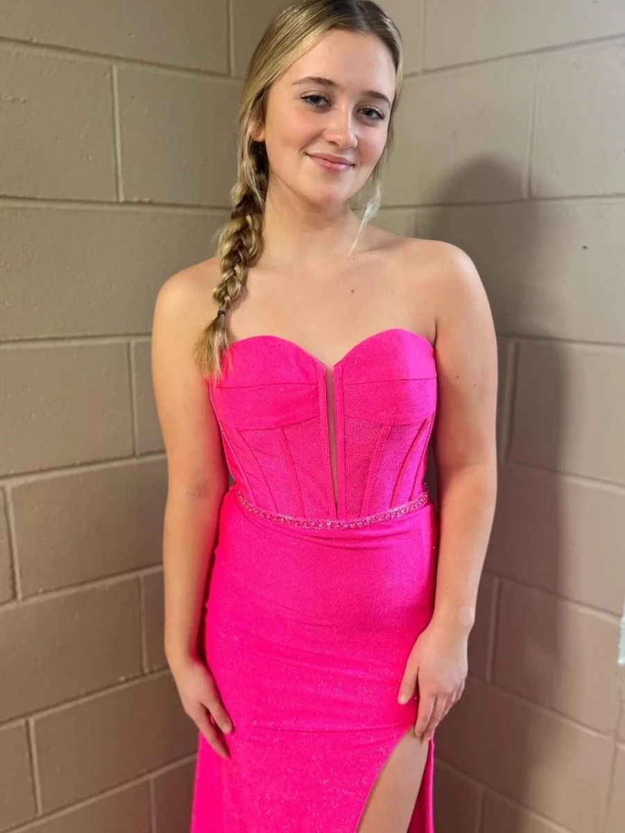 Pink Mermaid Strapless Tight Long Prom Dress With Slit