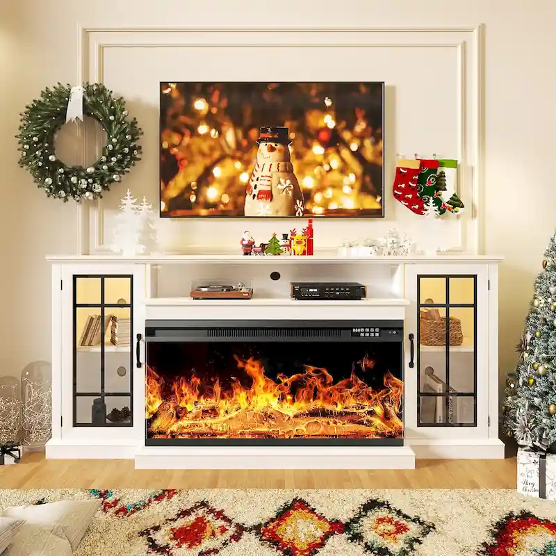 White Farmhouse 3-Sided Glass Electric Fireplace TV Stand for TVs up to 80