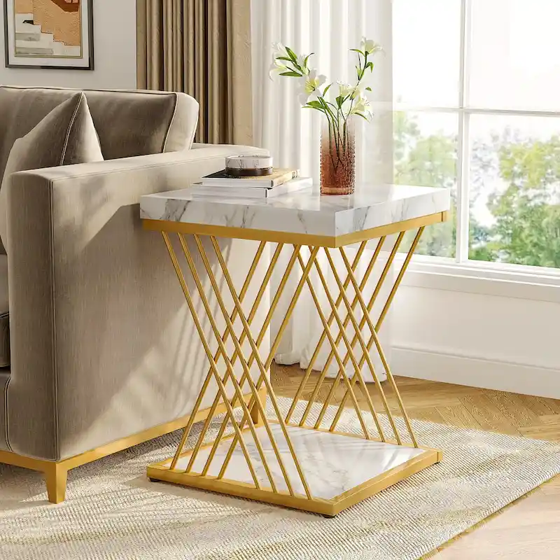 Square Side Table White Gold End Table Set of 2