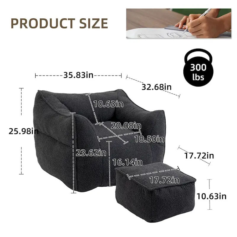 Boucle Upholstered Deep Seat Armless Square Bean Bag Chair with Ottoman