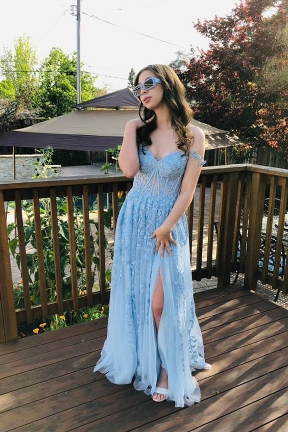 A-line V Neck Lace Tulle Prom Dress With Slit