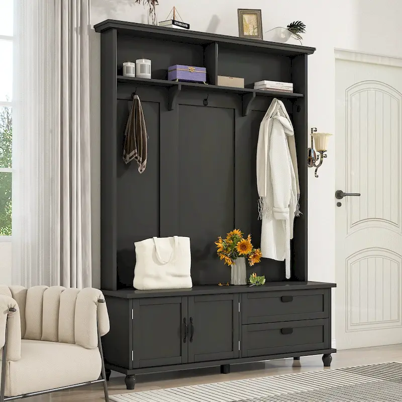Modern Style Hall Tree with Storage Cabinet and 2 Large Drawers,Widen Mudroom Bench with 5 Coat Hooks