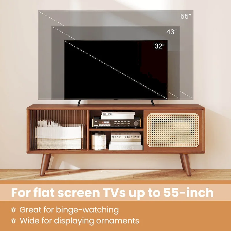 Mid-Century TV Stand with Rattan Sliding Doors, Brown/Natural, 47.5