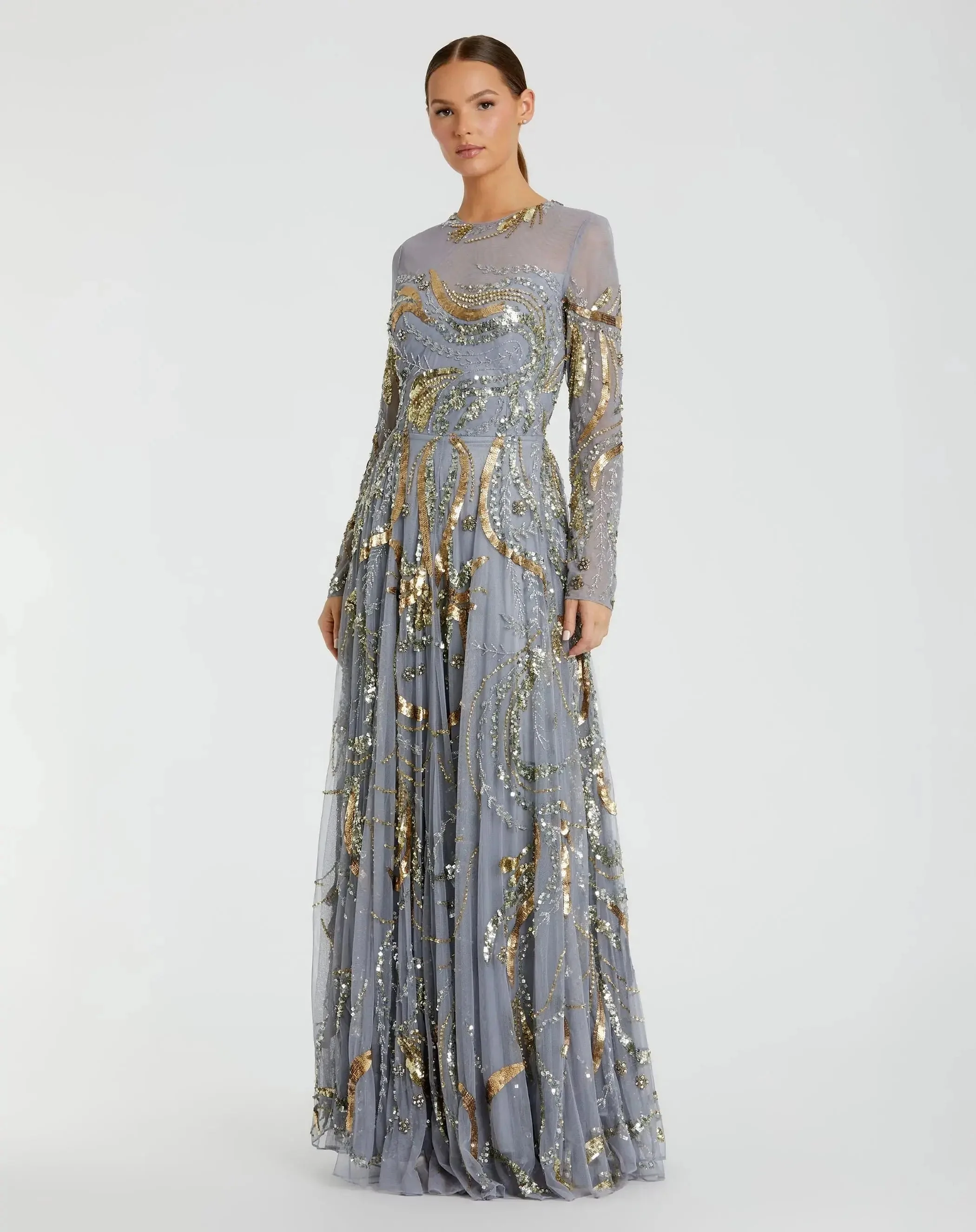 Long Sleeve Embellished Illusion Evening Gown