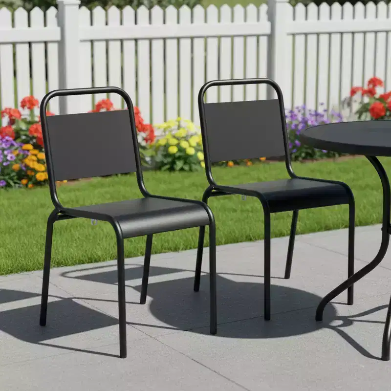 HomeRoots Set of Two Black Aluminum Outdoor Stacking Dining Chairs