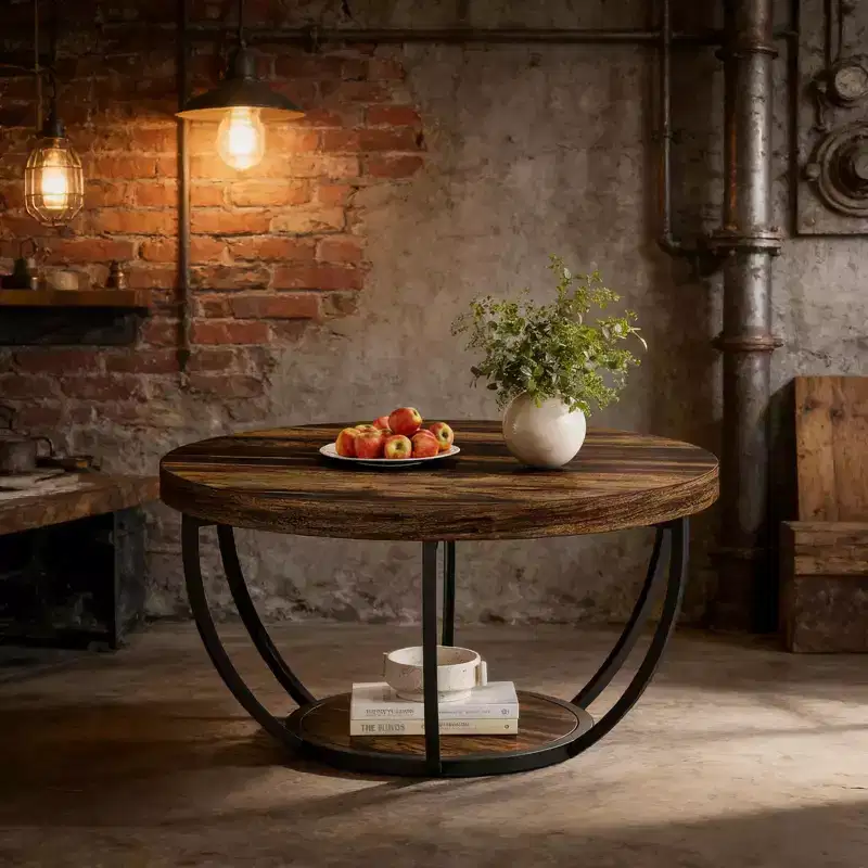 Wooden Coffee Table, 2-Tier Round Central Cocktail Table with Shelves