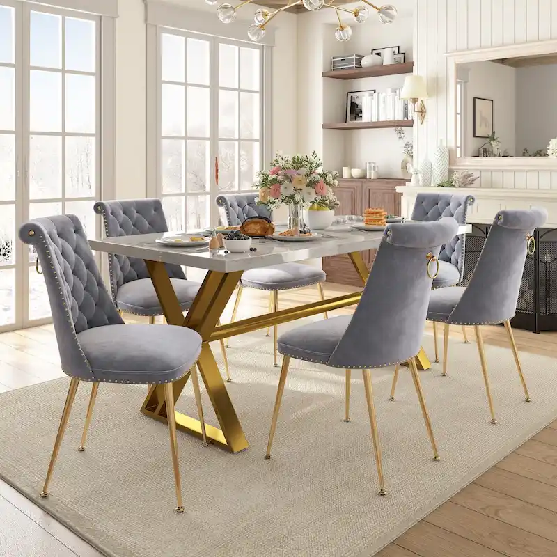 7-Piece Clihome Marble Dining Table with Velvet Chair Dining Chair