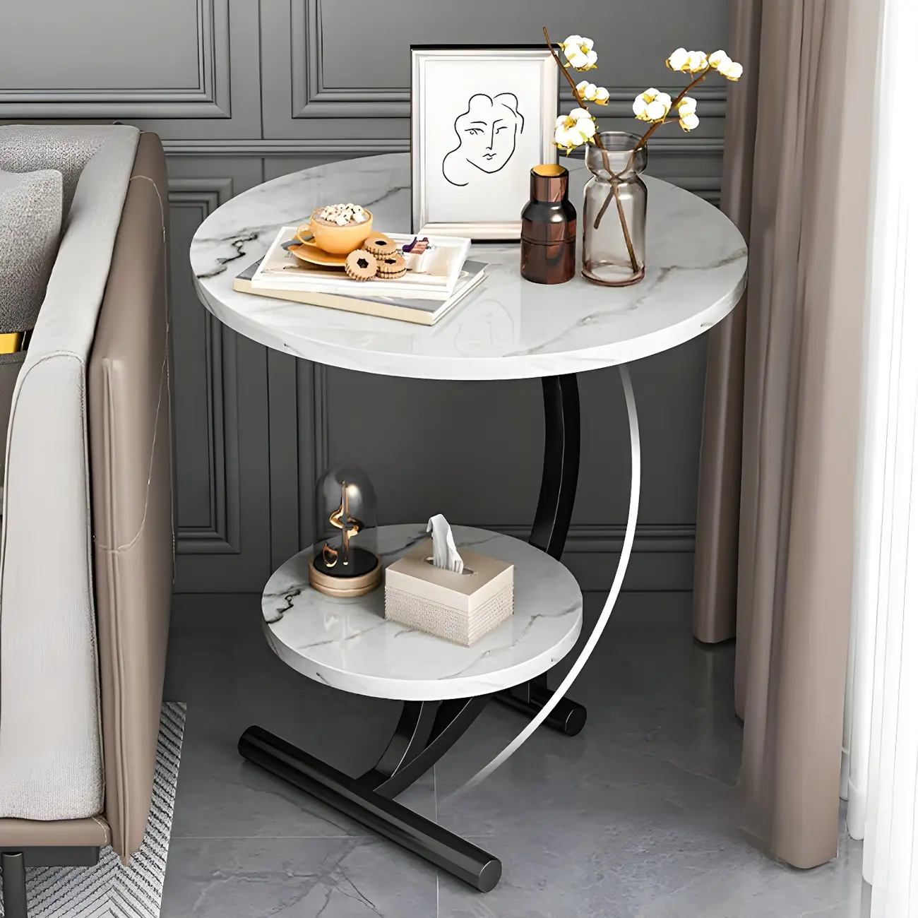 Modern Metal Frame Elegant Round Double Layer Nightstands