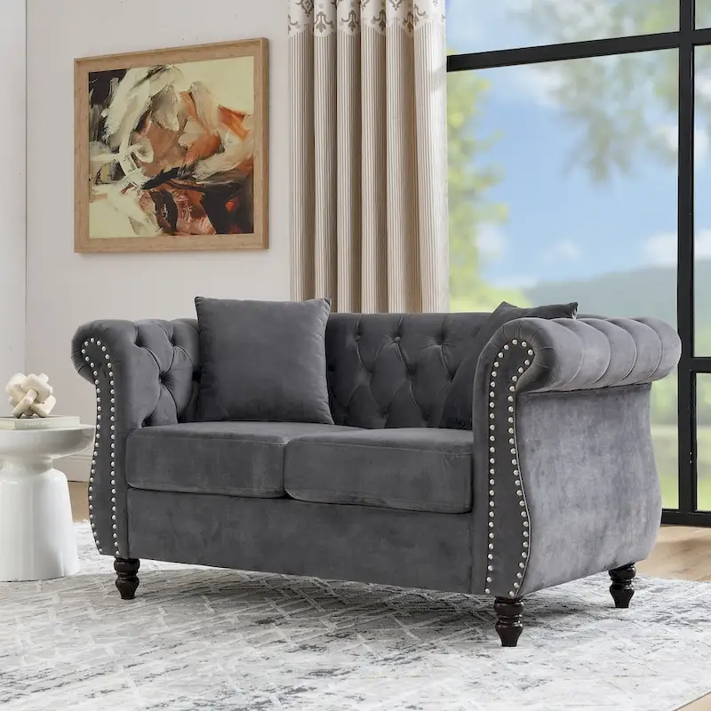 Velvet Chesterfield Loveseat Sofa, Rolled Arms, Nailhead Trim