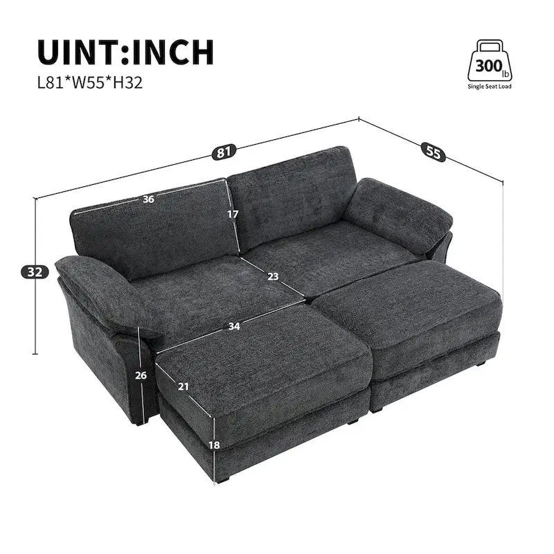 4 Seat Upholstered Free Combination Modular Convertible Sectional Sofa Bed Set, Deep-Seat,Ottoman,Grey