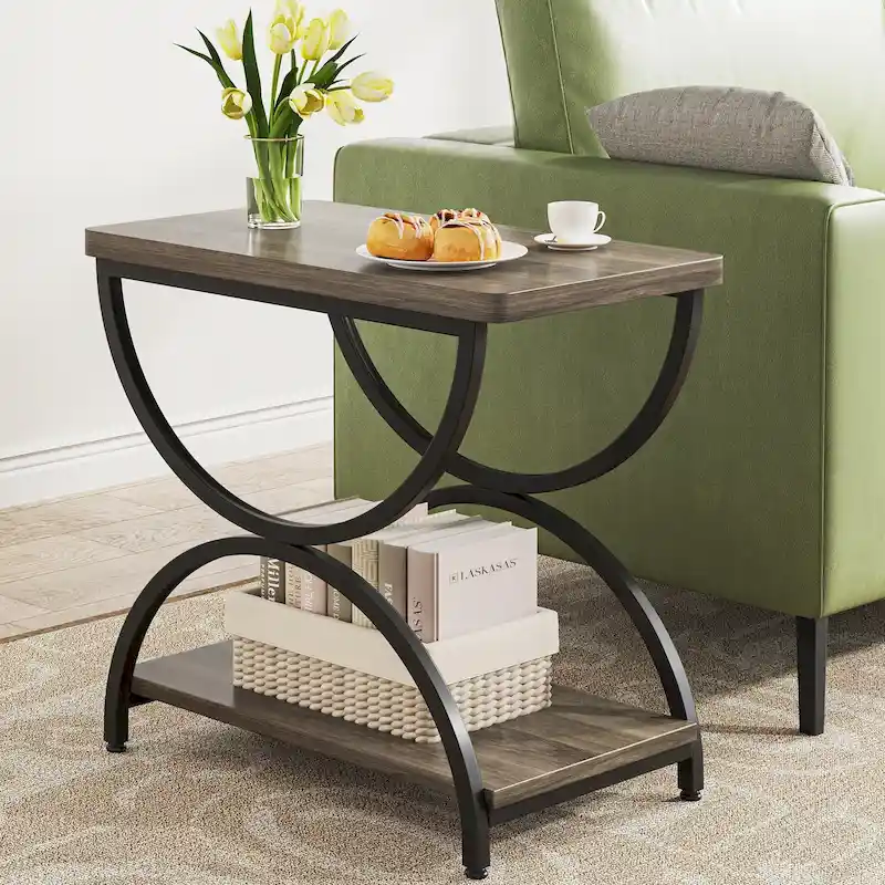 2-Tier Rectangular Wood Metal End Side Chairside Table