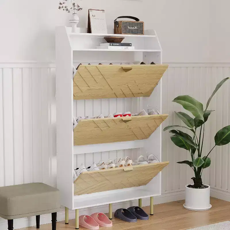 Space Saving Narrow Slim Shoe Cabinet, 3 Flip Drawers Freestanding Hidden Shoe Rack Organizer, Wood Grain Farmhouse Furniture for Entryway Hallway