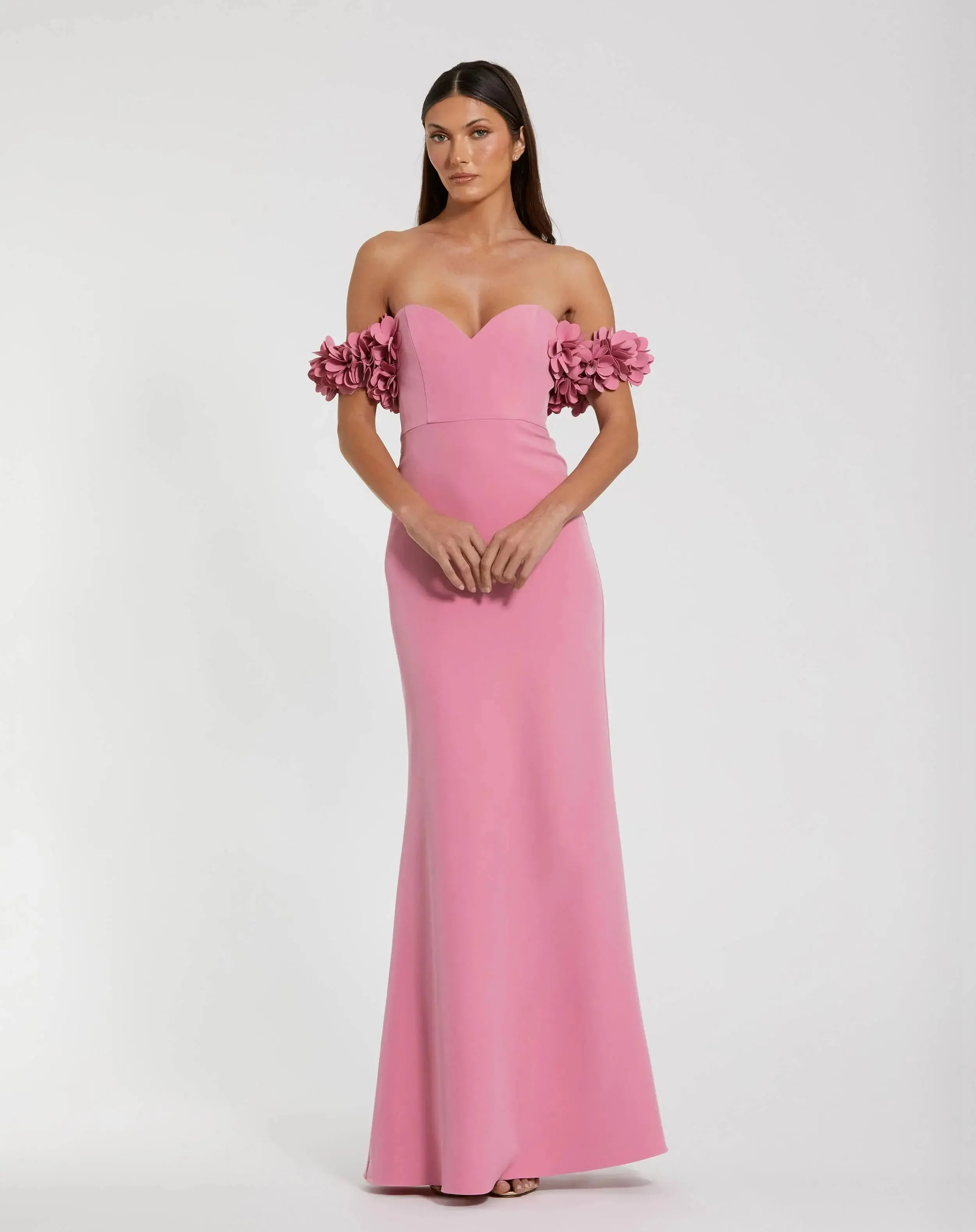 Crepe Off The Shoulder Gown With 3D Flowers