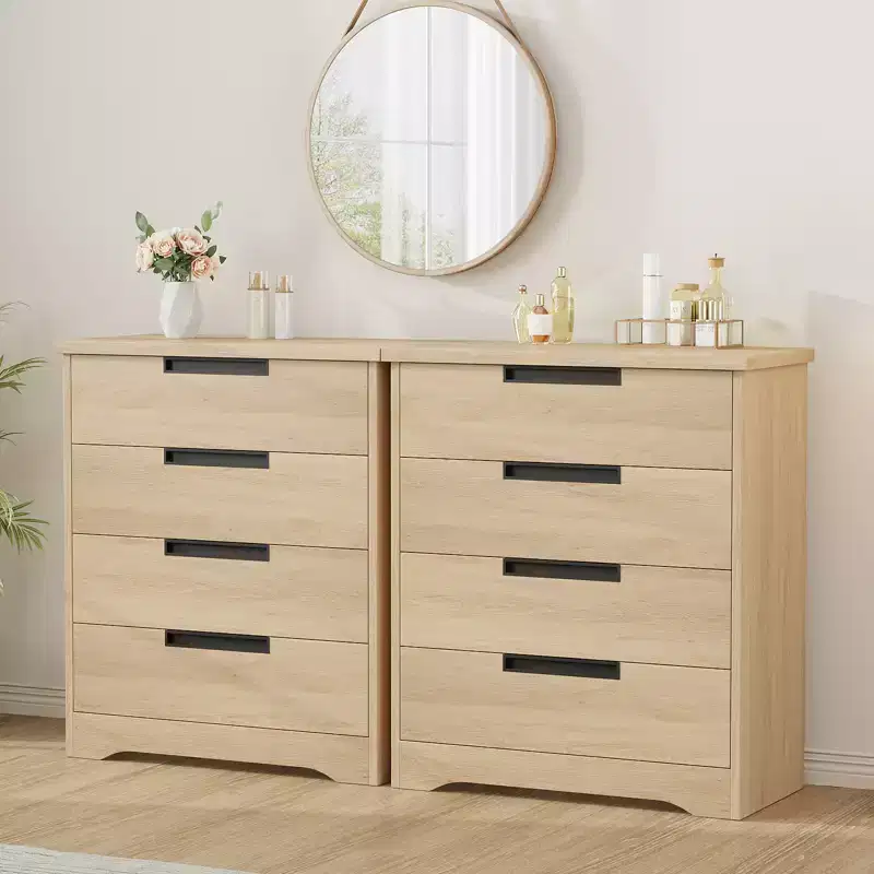 4 Drawer Dresser for Bedroom, Natural Dresser Chest of Drawers with Embedded Handles, Wooden Dresser Organizer for Living Room Nursery Entryway