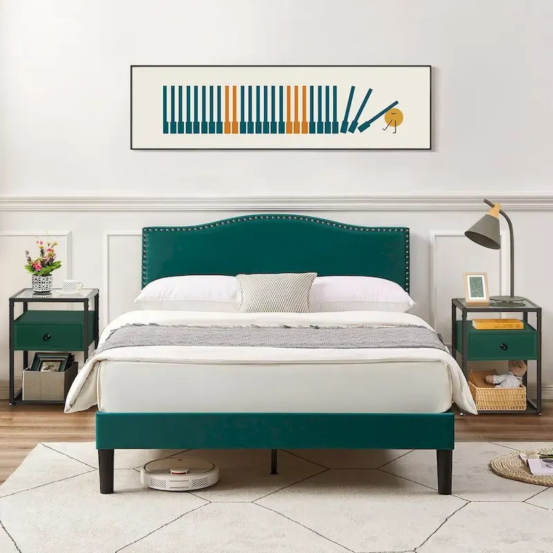 VECELO, Five Colors, 3-Pieces Upholstered Platform Bed Frame with Adjustable Headboard and Nightstands Set of 2
