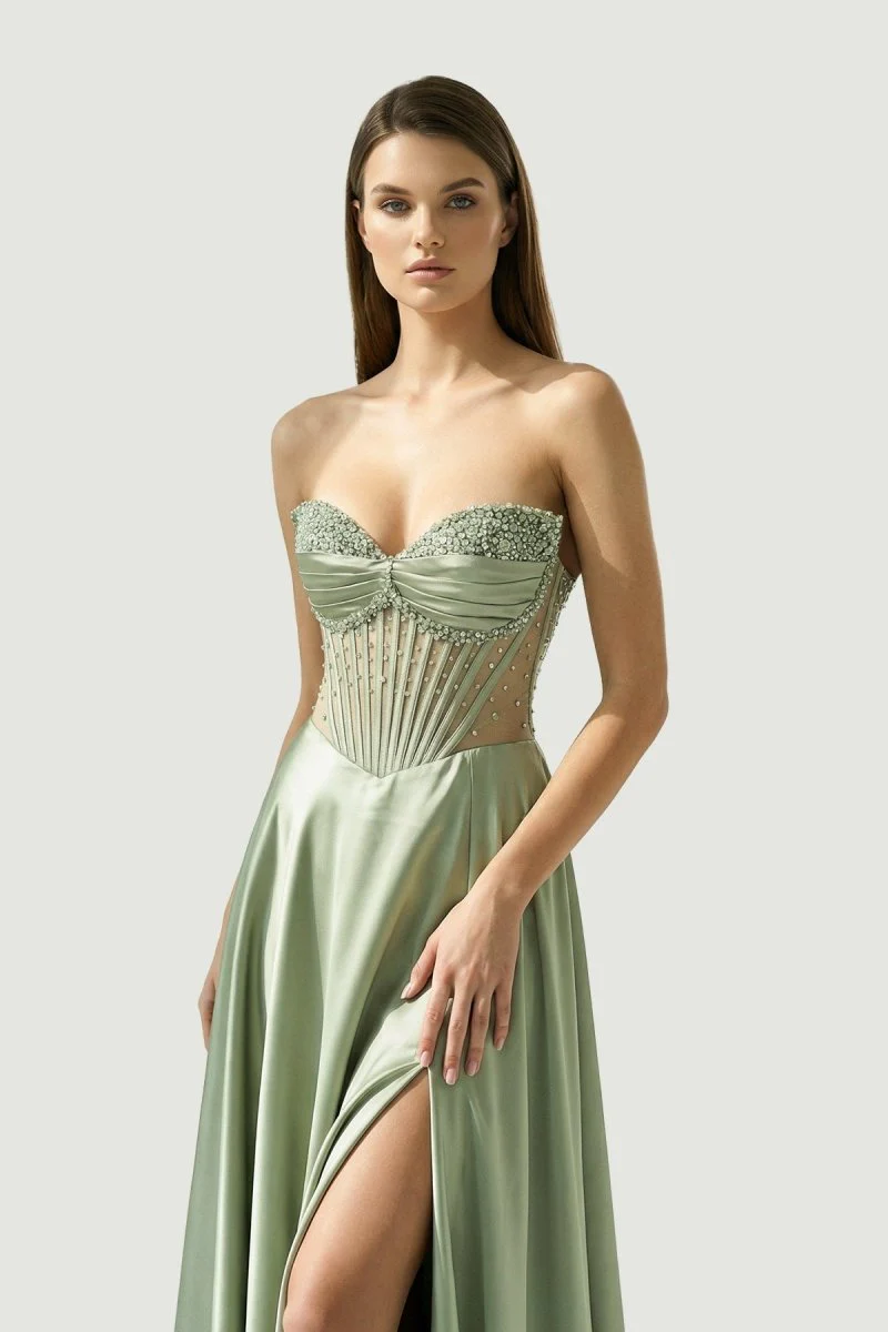 Sage Off The Shoulder A Line Satin Beaded Prom Dresses With Slit