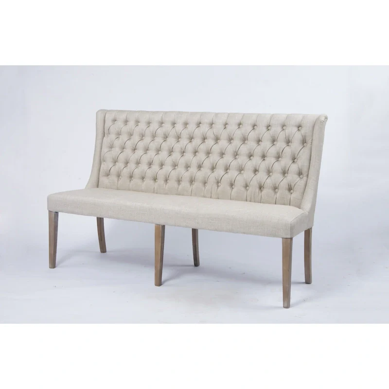 French Tufted Upholstered Dining Banquette Bench (Light Sand Fabric)