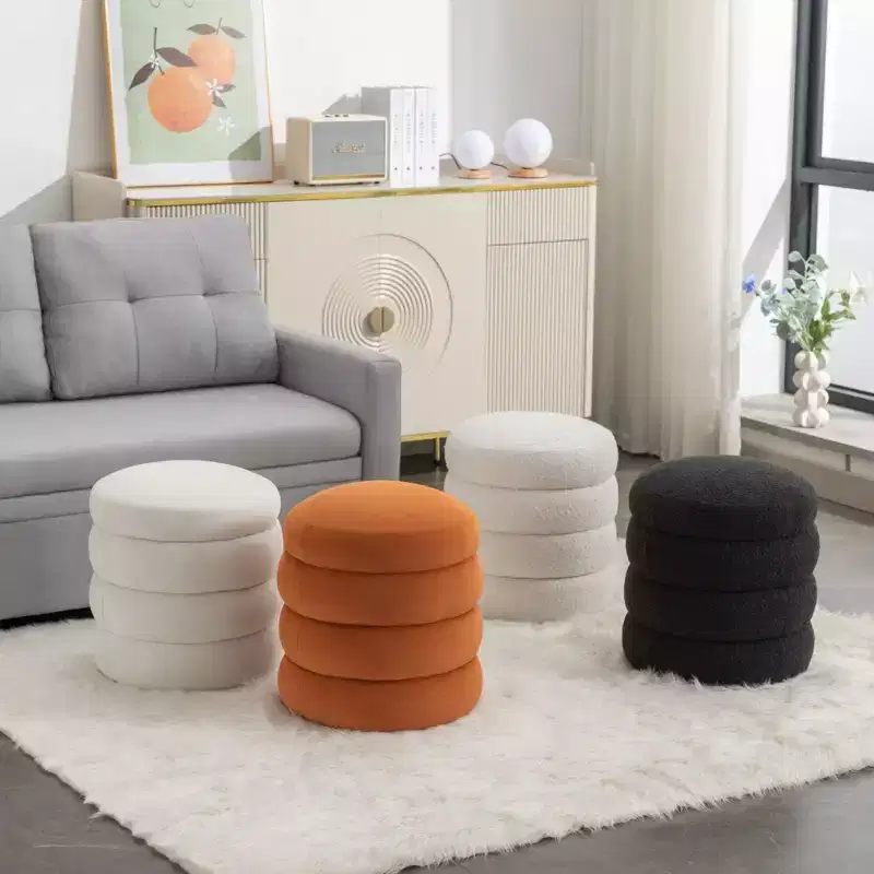 Soft Boucle Round Ottoman Footrest Stool,Black