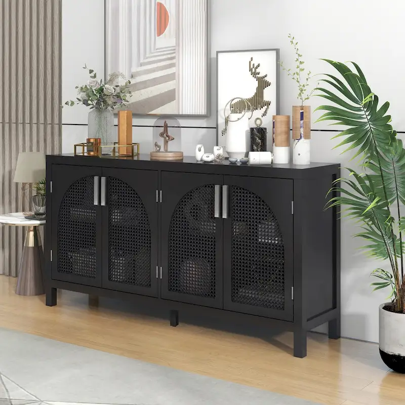 Sideboard with Artificial Rattan Door and Metal Handles for Living Room and Entryway