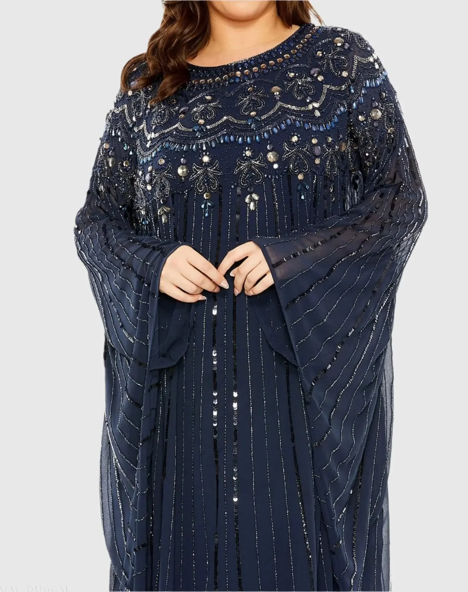 Navy Embellished Long Sleeve Trapeze Gown