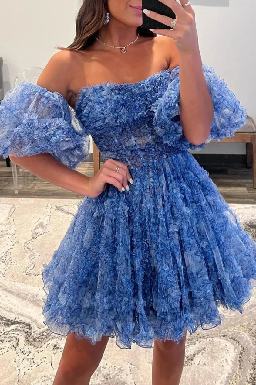 Blue Puff Sleeves Ruffles A-line Prints Homecoming Dress