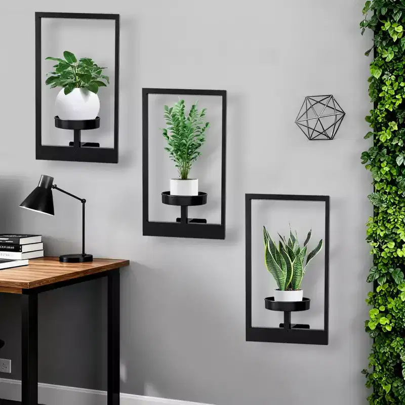 3-Pack Black Metal Floating Plant Shelves C Wall-Mounted Indoor/Outdoor Planter Holders for Living Room, Windows & Entryway