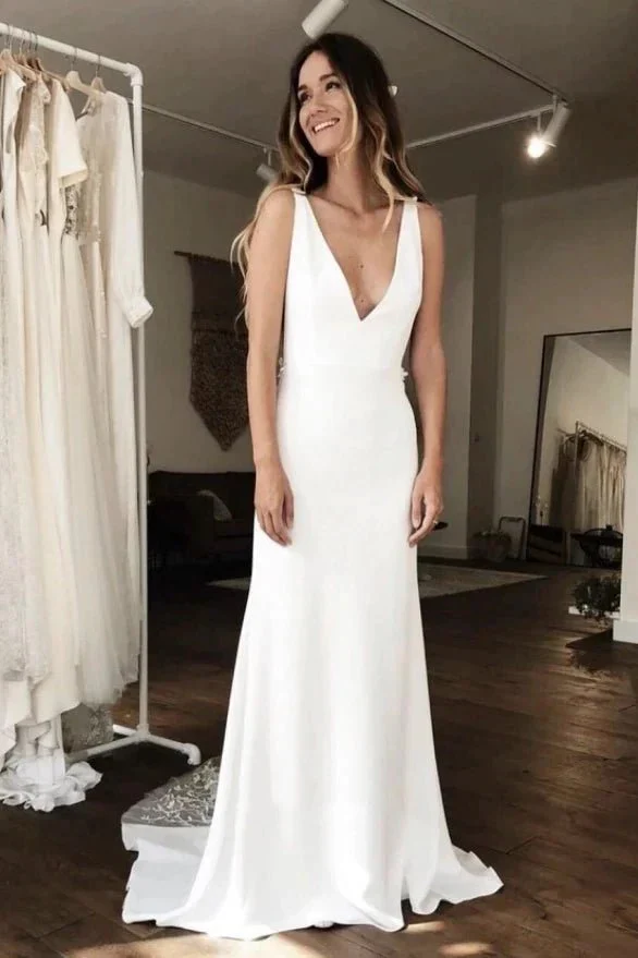 Simple Sleeveless Plunging Satin Wedding Dress With Illusion Deep V-back And Lace