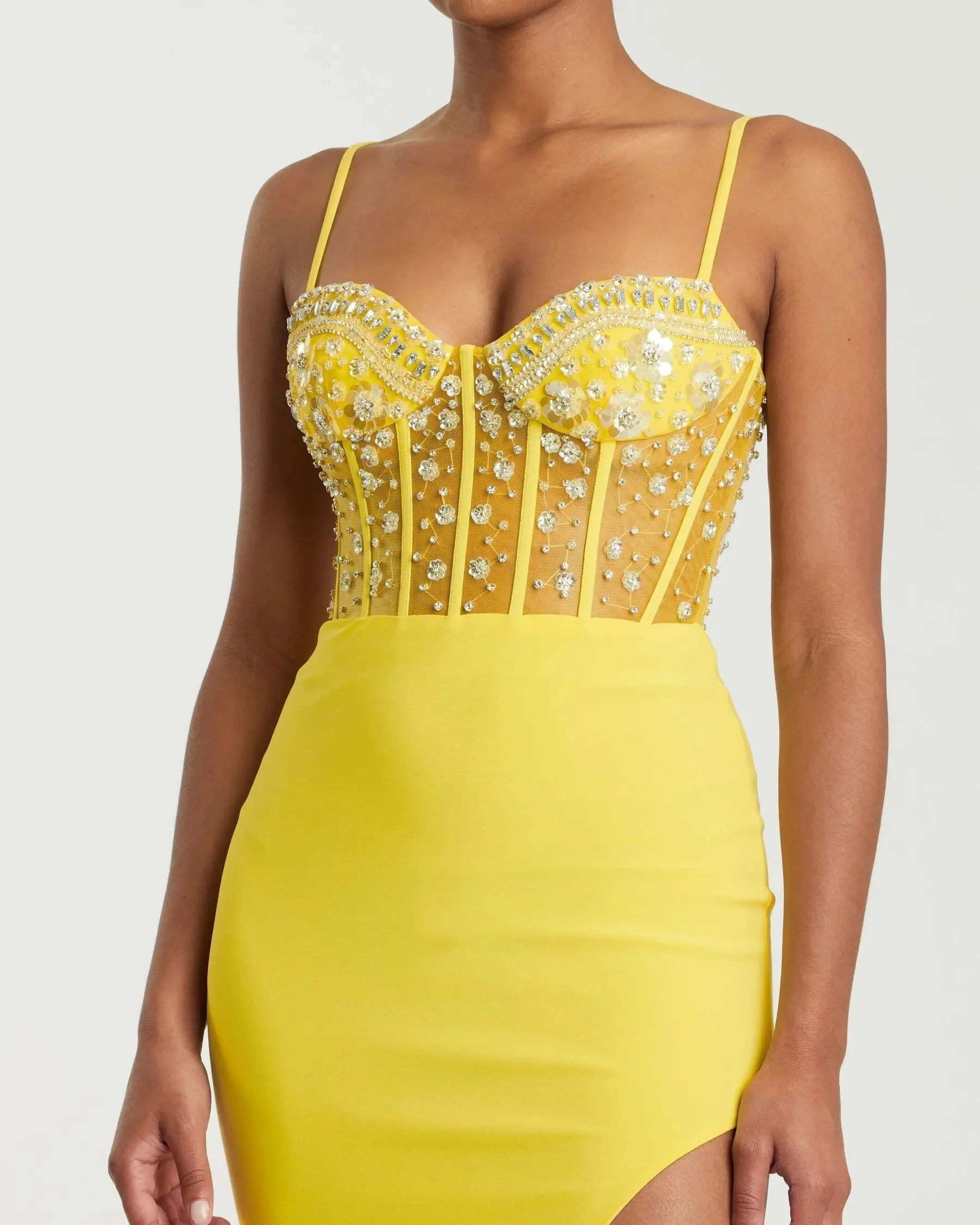 Yellow Spaghetti Strap Beaded Sheer Bodice Gown with Slit