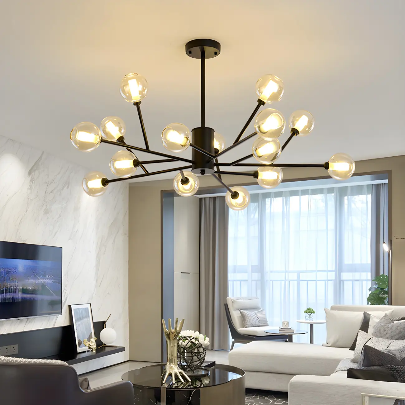 Modern Gold Metal Glass Globe Sputnik Chandelier