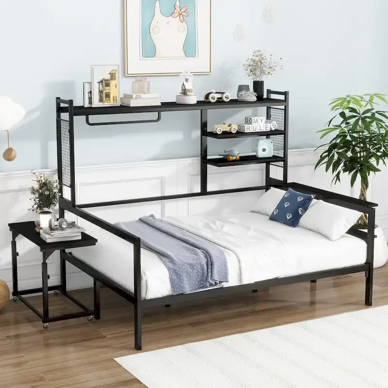 Metal Daybed with Movable Desk, Shelves and Clothes Hanger