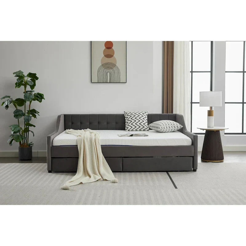 Modern Upholstered Sofa Bed with 2 Drawers and Wooden Frame, Vertical Stripes