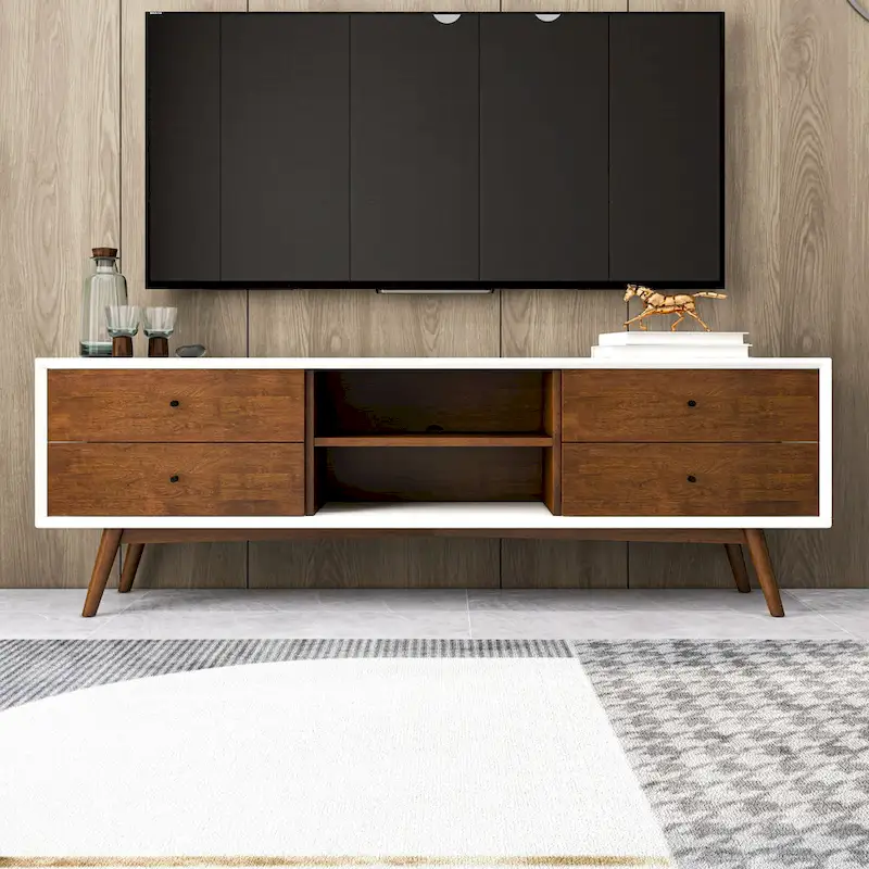 Novel Mid Century White Tv Stand With Solid Wood Frame TV Stand with 6 Storage Cabinet , Modern Walnut TV Console