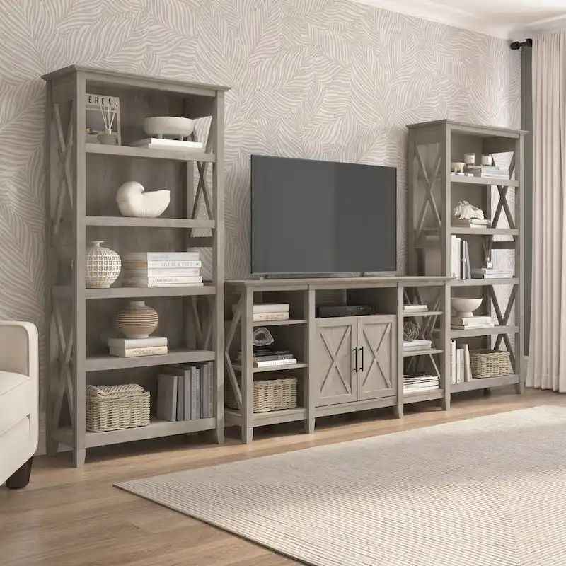 Tall Farmhouse TV Stand with 2 Bookcases by